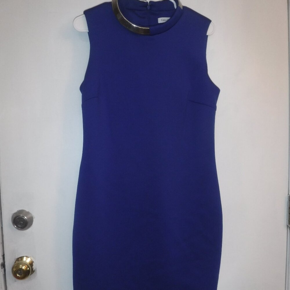 Calvin Klein Royal Blue Dress, with Silver attached collar necklace, Size 12